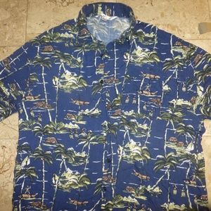 EMVO Mens aloha blue palm hula gals shirt SZ LARGE